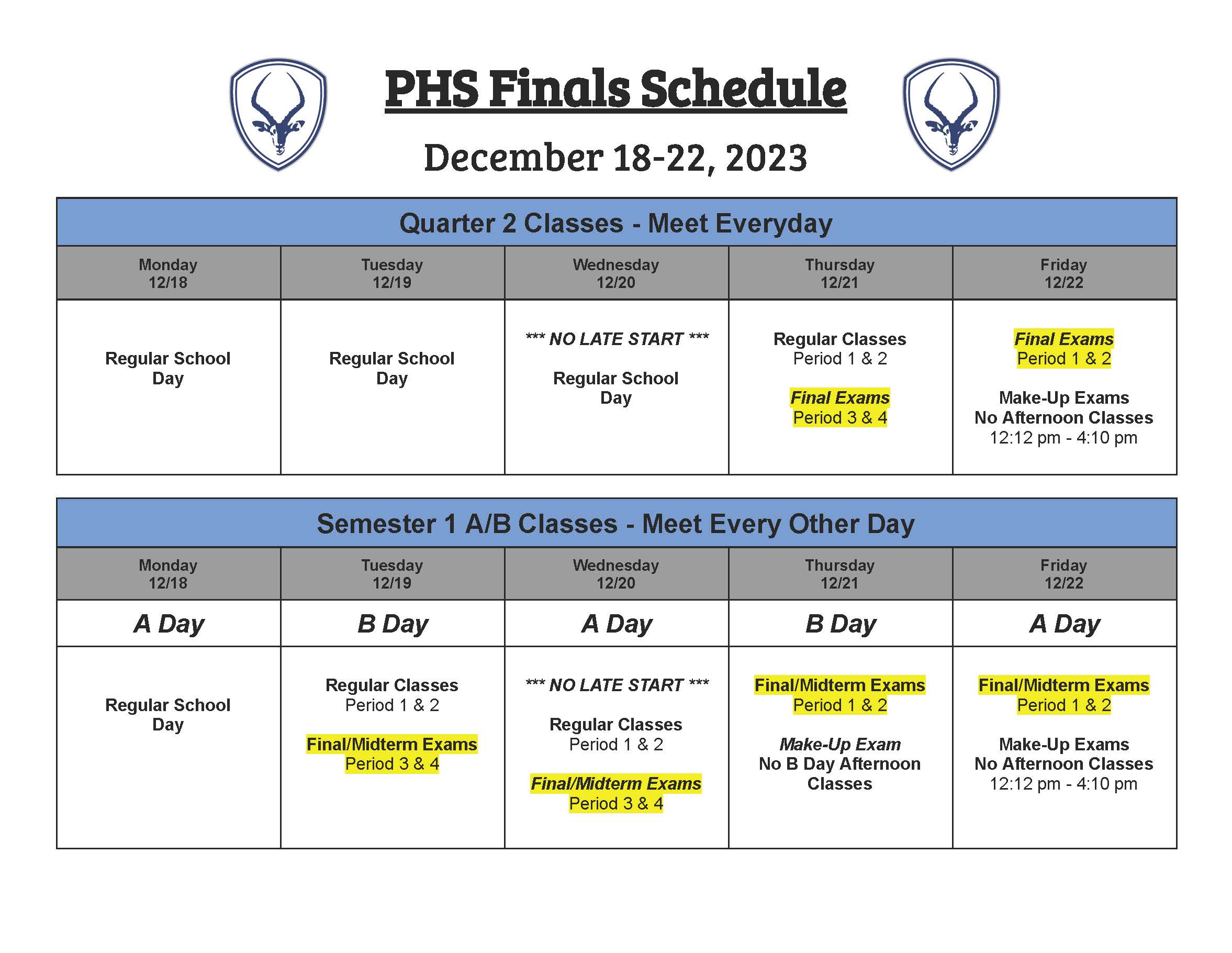 Finals/Midterm Schedule Dec. 1822 Poudre High School